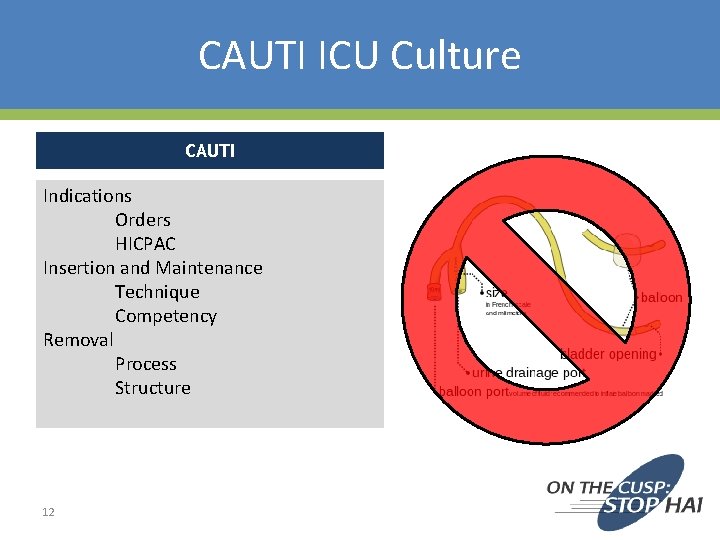 CAUTI ICU Culture CAUTI Indications Orders HICPAC Insertion and Maintenance Technique Competency Removal Process