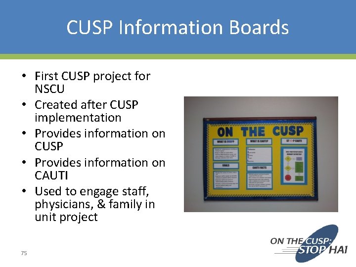 CUSP Information Boards • First CUSP project for NSCU • Created after CUSP implementation