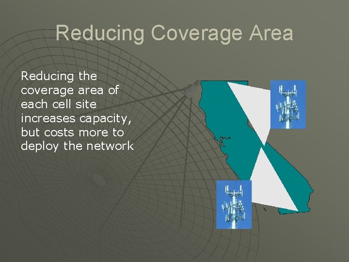 Reducing Coverage Area Reducing the coverage area of each cell site increases capacity, but