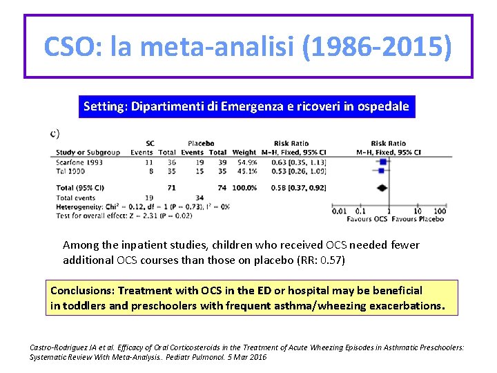 CSO: la meta-analisi (1986 -2015) Setting: Dipartimenti di Emergenza e ricoveri in ospedale Among