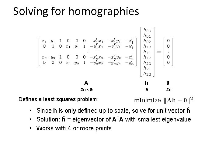 Solving for homographies A h 0 2 n × 9 9 2 n Defines