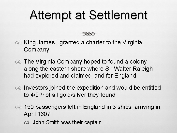 Attempt at Settlement King James I granted a charter to the Virginia Company The