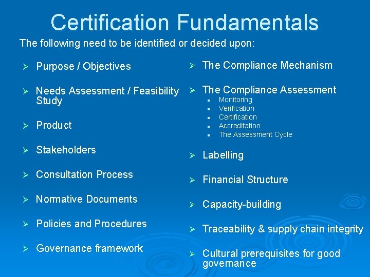 Certification Fundamentals The following need to be identified or decided upon: The Compliance Mechanism