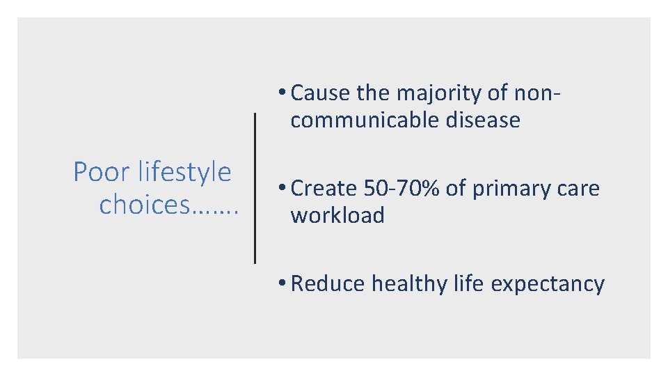  • Cause the majority of noncommunicable disease Poor lifestyle choices……. • Create 50