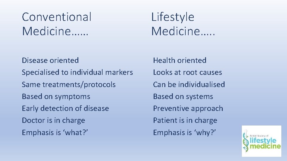 Conventional Medicine…… Lifestyle Medicine…. . Disease oriented Specialised to individual markers Same treatments/protocols Based