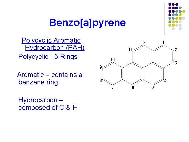 Benzo[a]pyrene Polycyclic Aromatic Hydrocarbon (PAH) Polycyclic - 5 Rings Aromatic – contains a benzene