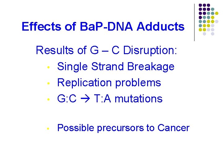 Effects of Ba. P-DNA Adducts Results of G – C Disruption: • Single Strand