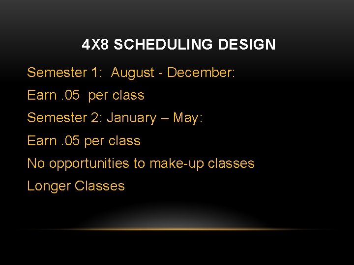 4 X 8 SCHEDULING DESIGN Semester 1: August - December: Earn. 05 per class