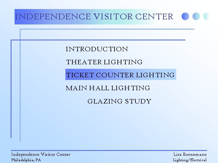 INDEPENDENCE VISITOR CENTER INTRODUCTION THEATER LIGHTING TICKET COUNTER LIGHTING MAIN HALL LIGHTING GLAZING STUDY