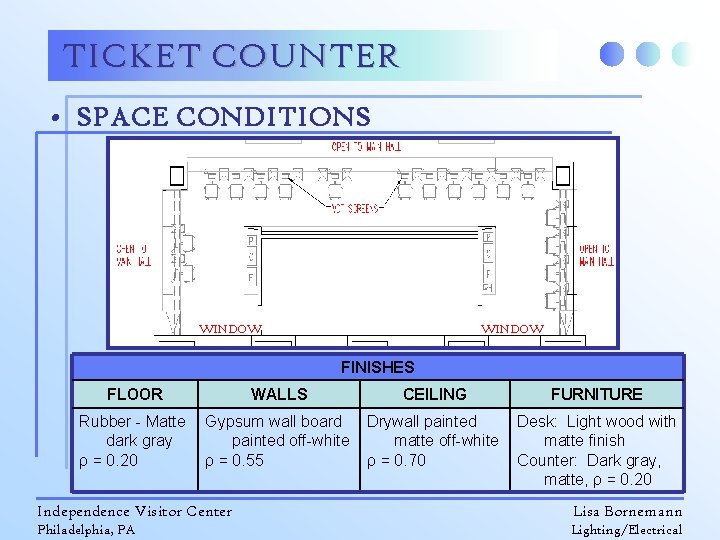 TICKET COUNTER • SPACE CONDITIONS WINDOW FINISHES FLOOR WALLS CEILING FURNITURE Rubber - Matte