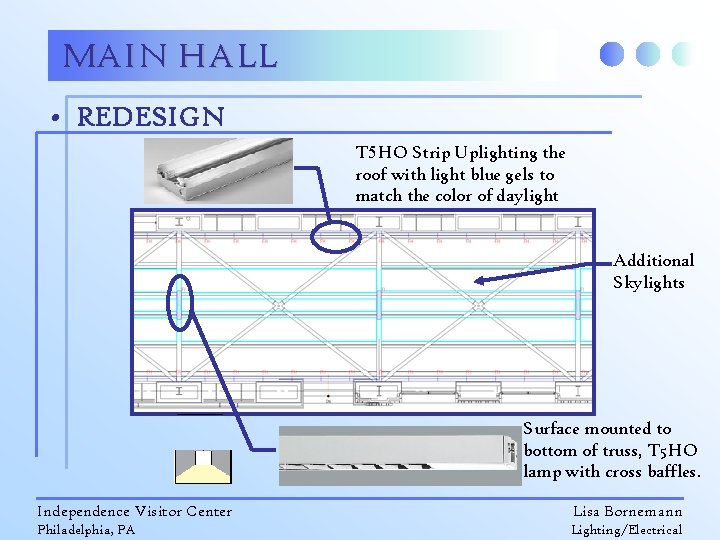 MAIN HALL • REDESIGN T 5 HO Strip Uplighting the roof with light blue