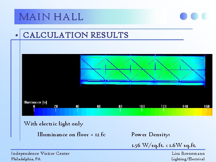 MAIN HALL • CALCULATION RESULTS With electric light only Illuminance on floor = 12