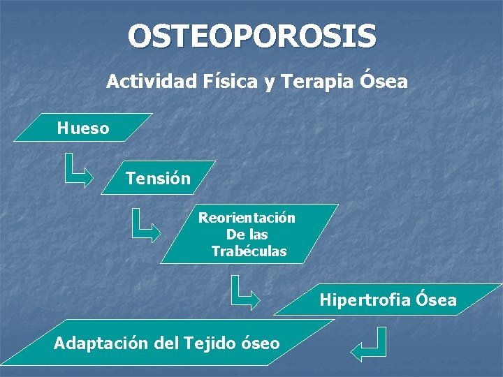 OSTEOPOROSIS Actividad Física y Terapia Ósea Hueso Tensión Reorientación De las Trabéculas Hipertrofia Ósea