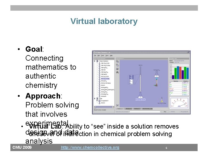 Virtual laboratory • Goal: Connecting mathematics to authentic chemistry • Approach: Problem solving that