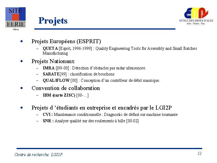 Projets · Projets Européens (ESPRIT) – · Projets Nationaux – – – · IMRA