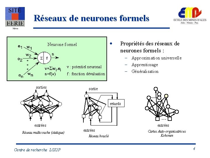 Réseaux de neurones formels · Neurone formel Propriétés des réseaux de neurones formels :