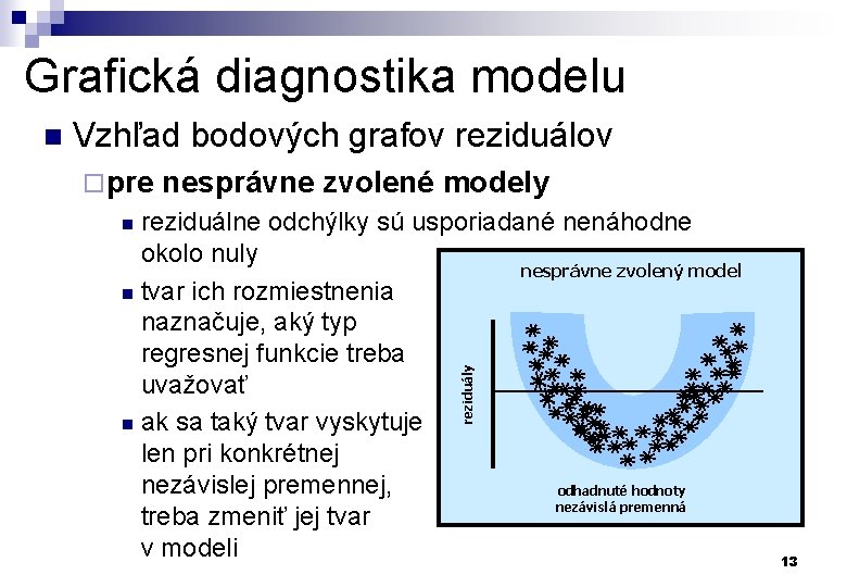 Grafická diagnostika modelu Vzhľad bodových grafov reziduálov ¨ pre nesprávne zvolené modely reziduálne odchýlky