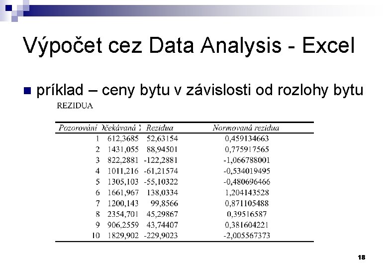Výpočet cez Data Analysis - Excel n príklad – ceny bytu v závislosti od