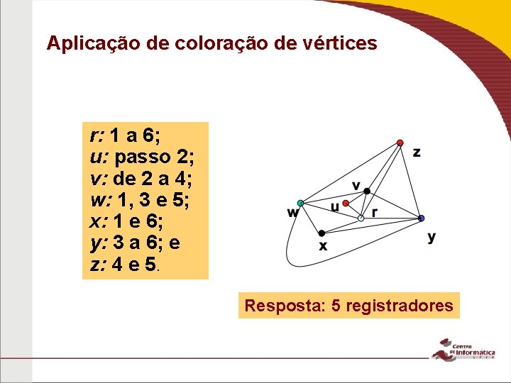 Aplicação de coloração de vértices r: 1 a 6; u: passo 2; v: de