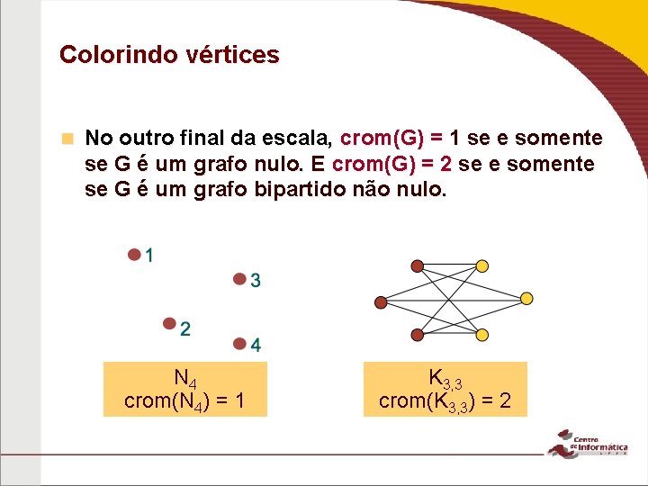 Colorindo vértices n No outro final da escala, crom(G) = 1 se e somente