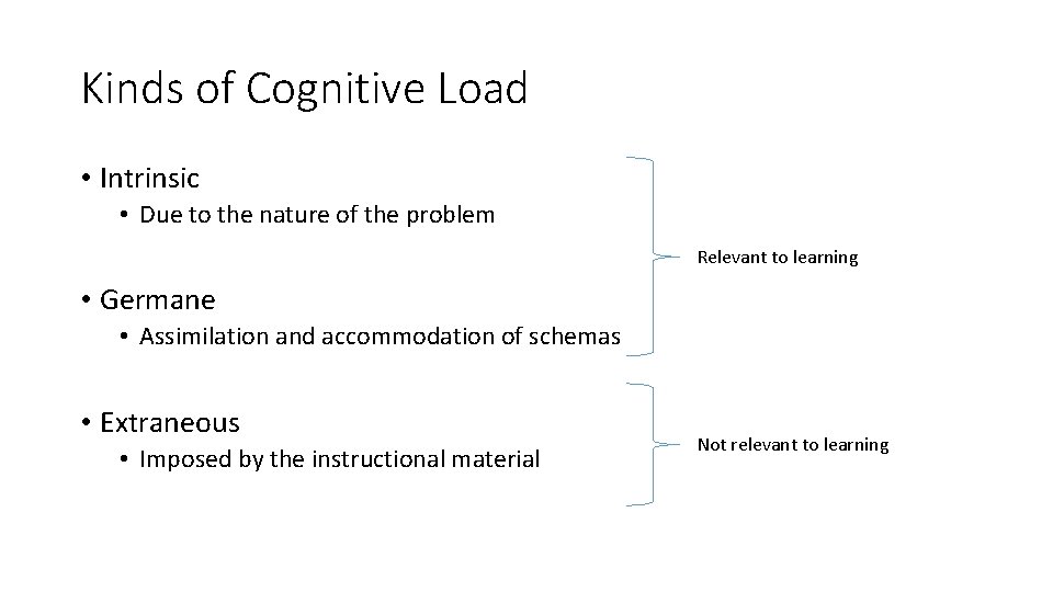 Kinds of Cognitive Load • Intrinsic • Due to the nature of the problem