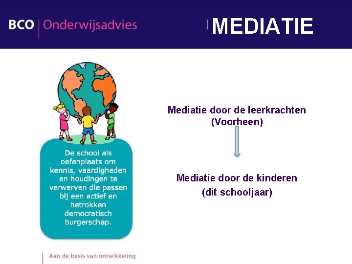 MEDIATIE Mediatie door de leerkrachten (Voorheen) Mediatie door de kinderen (dit schooljaar) MEDIATIE Mediatie door de leerkrachten (Voorheen) Mediatie door de kinderen (dit schooljaar)