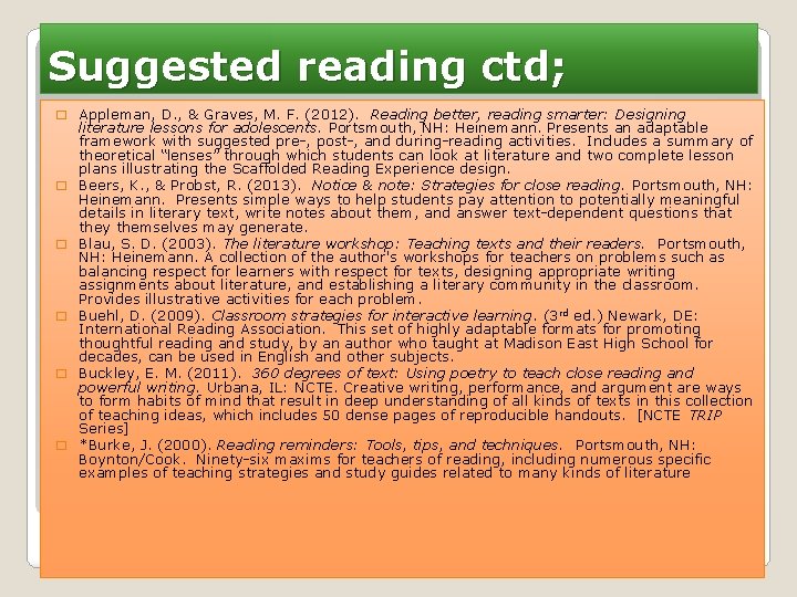 Suggested reading ctd; � Appleman, D. , & Graves, M. F. (2012). Reading better,