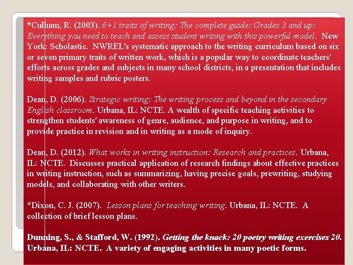 *Culham, R. (2003). 6+1 traits of writing: The complete guide: Grades 3 and up: