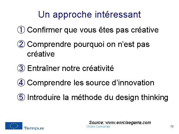 Un approche intéressant ① Confirmer que vous êtes pas créative ② Comprendre pourquoi on