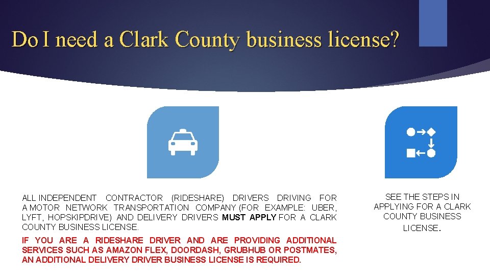 Do I need a Clark County business license? ALL INDEPENDENT CONTRACTOR (RIDESHARE) DRIVERS DRIVING