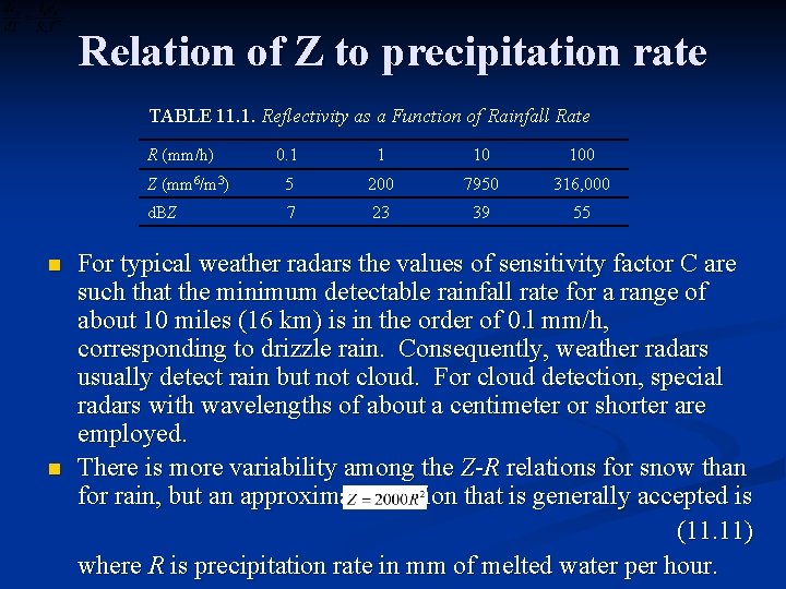 Relation of Z to precipitation rate TABLE 11. 1. Reflectivity as a Function of