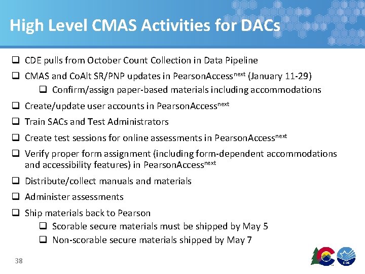 High Level CMAS Activities for DACs q CDE pulls from October Count Collection in