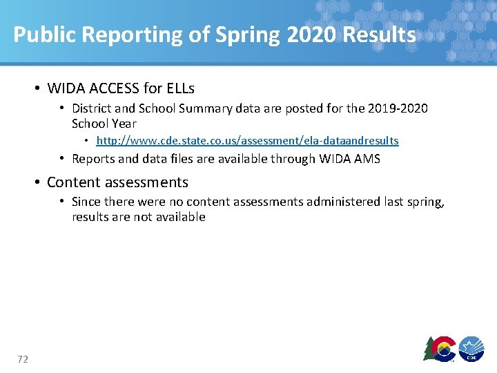 Public Reporting of Spring 2020 Results • WIDA ACCESS for ELLs • District and