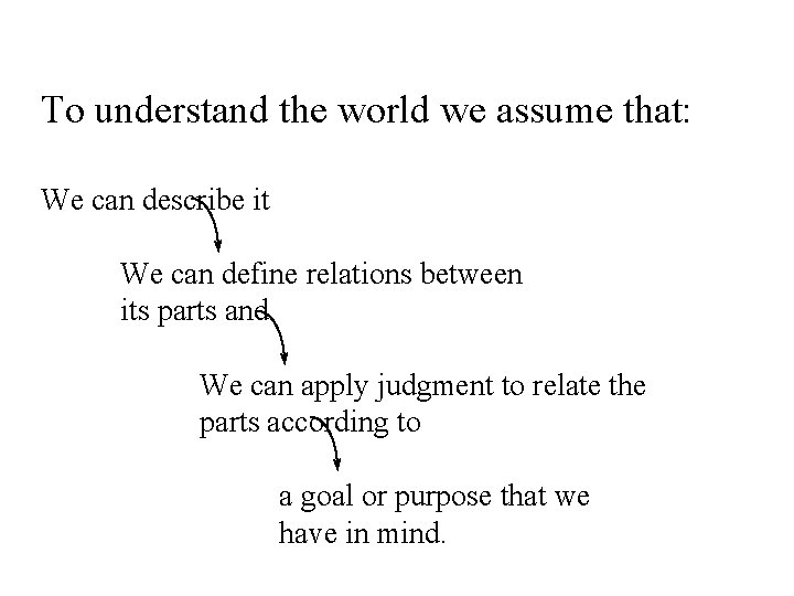 To understand the world we assume that: We can describe it We can define To understand the world we assume that: We can describe it We can define
