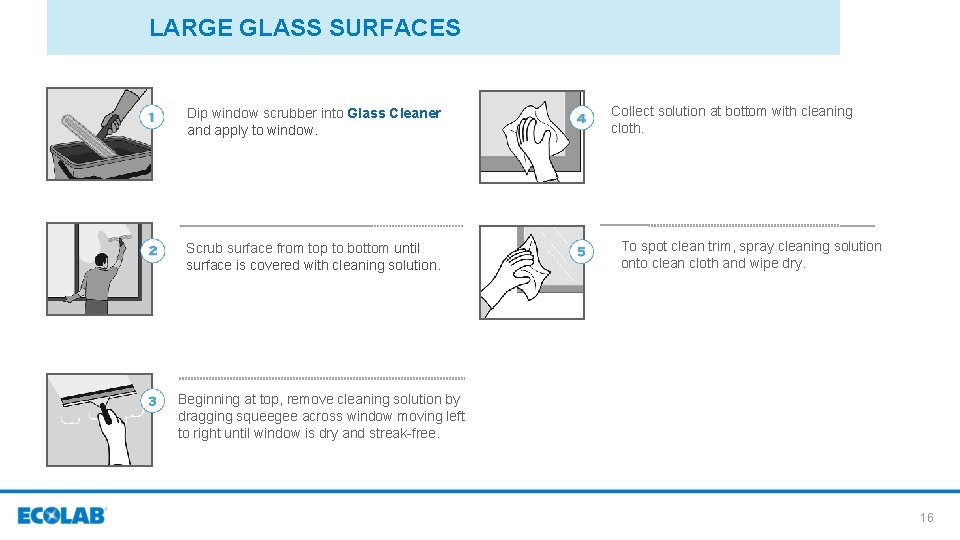 LARGE GLASS SURFACES Dip window scrubber into Glass Cleaner and apply to window. Scrub