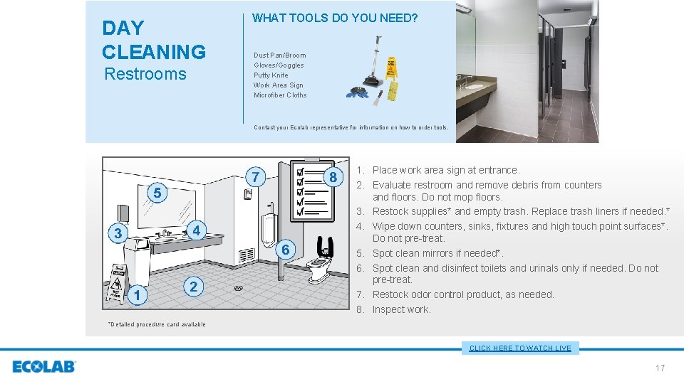 DAY CLEANING Restrooms WHAT TOOLS DO YOU NEED? Dust Pan/Broom Gloves/Goggles Putty Knife Work