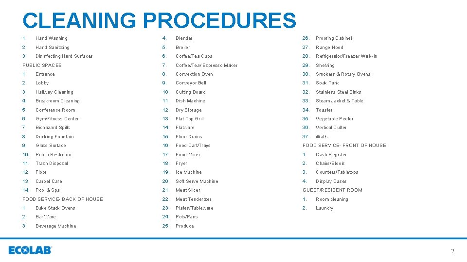 CLEANING PROCEDURES 1. Hand Washing 4. Blender 26. Proofing Cabinet 2. Hand Sanitizing 5.