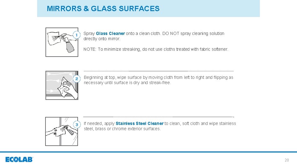 MIRRORS & GLASS SURFACES Spray Glass Cleaner onto a clean cloth. DO NOT spray