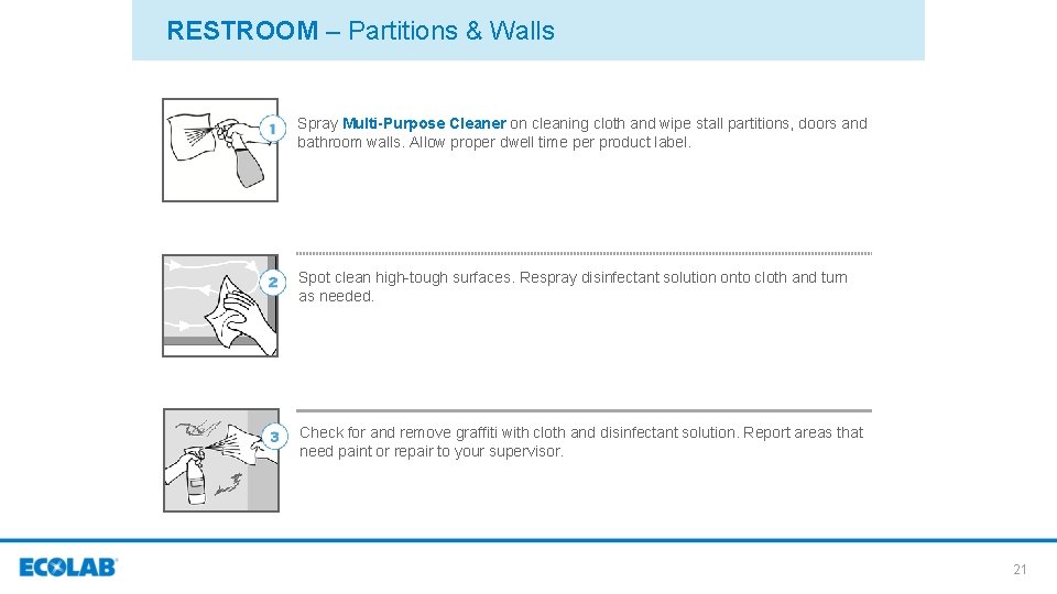 RESTROOM – Partitions & Walls Spray Multi-Purpose Cleaner on cleaning cloth and wipe stall