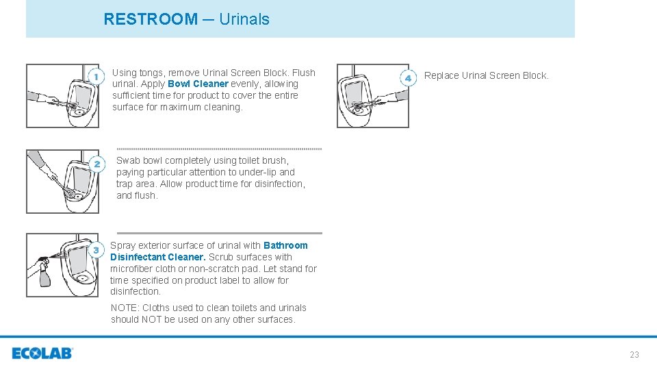 RESTROOM ─ Urinals Using tongs, remove Urinal Screen Block. Flush urinal. Apply Bowl Cleaner