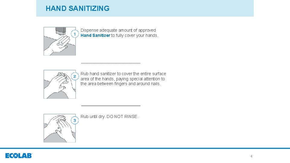 HAND SANITIZING Dispense adequate amount of approved Hand Sanitizer to fully cover your hands.