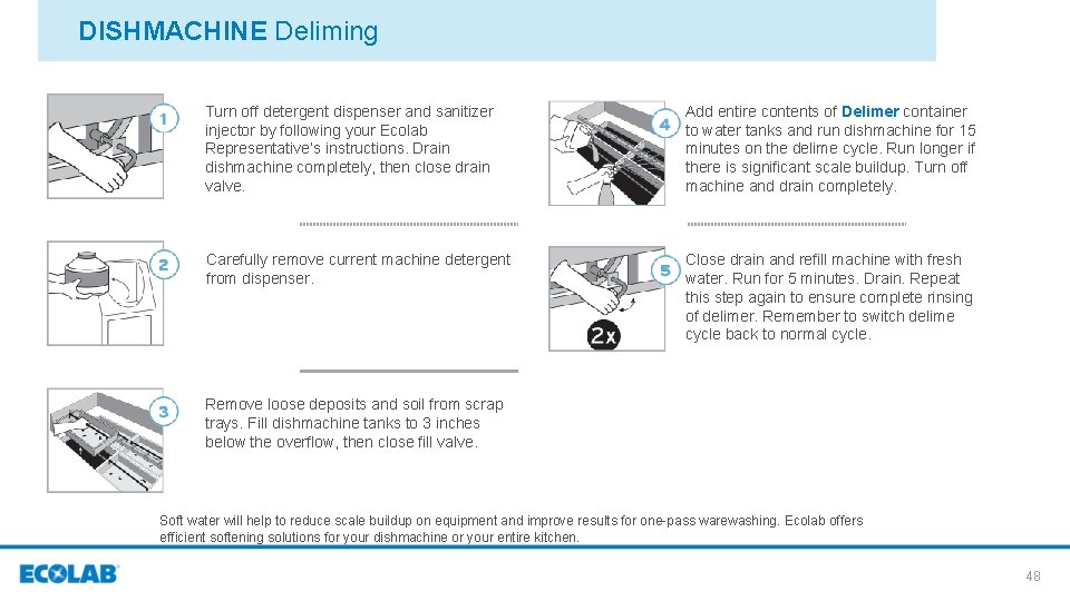 DISHMACHINE Deliming Turn off detergent dispenser and sanitizer injector by following your Ecolab Representative’s