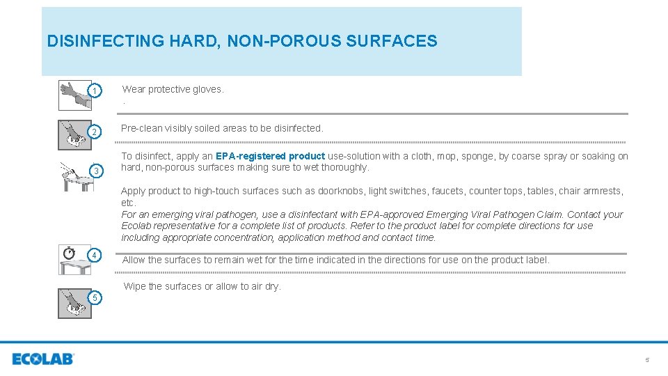 DISINFECTING HARD, NON-POROUS SURFACES 1 Wear protective gloves. . 2 Pre-clean visibly soiled areas