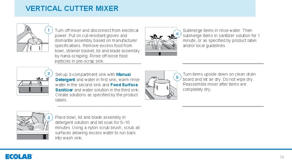 VERTICAL CUTTER MIXER Turn off mixer and disconnect from electrical power. Put on cut-resistant