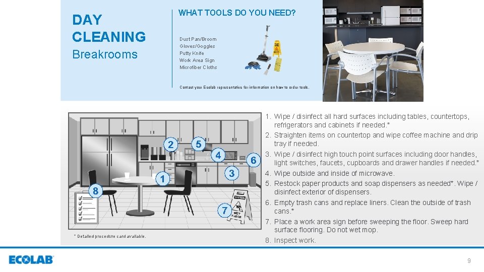 DAY CLEANING Breakrooms WHAT TOOLS DO YOU NEED? Dust Pan/Broom Gloves/Goggles Putty Knife Work