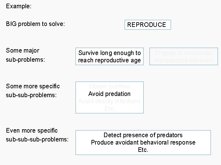 Example: BIG problem to solve: REPRODUCE Some major sub-problems: Survive long enough to reach