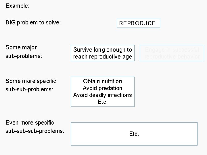 Example: BIG problem to solve: REPRODUCE Some major sub-problems: Survive long enough to reach