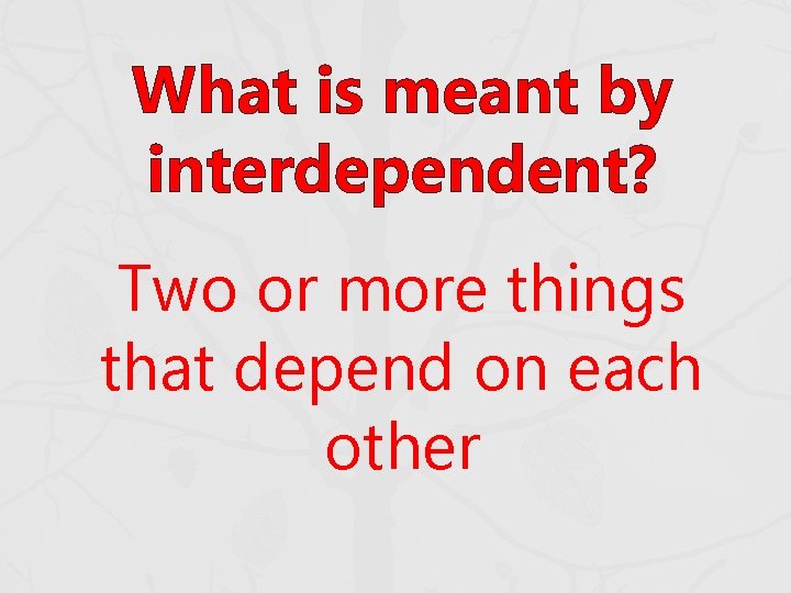 What is meant by interdependent? Two or more things that depend on each other What is meant by interdependent? Two or more things that depend on each other