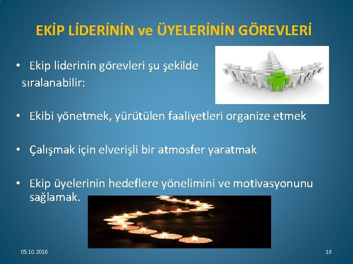 EKİP LİDERİNİN ve ÜYELERİNİN GÖREVLERİ • Ekip liderinin görevleri şu şekilde sıralanabilir: • Ekibi