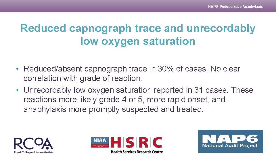 NAP 6: Perioperative Anaphylaxis Reduced capnograph trace and unrecordably low oxygen saturation • Reduced/absent